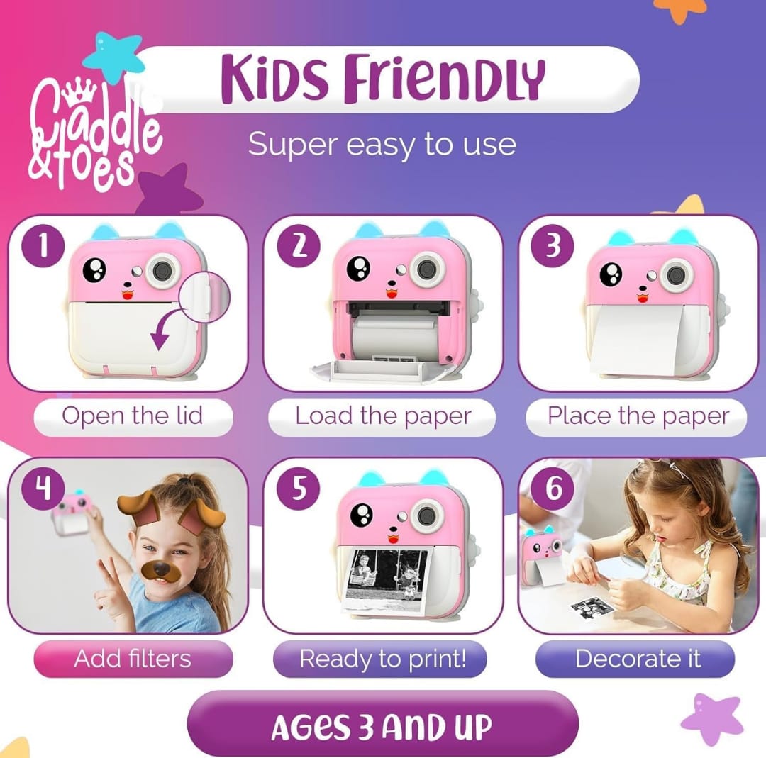 Instant Print Camera for Kids - 1080P HD, SD Card, Gift for Boys and Girls